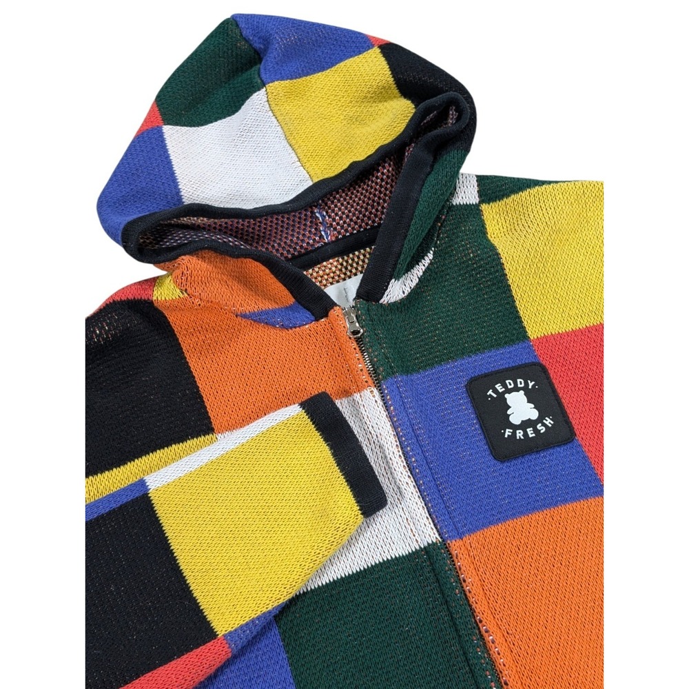 Teddy Fresh Knit Hoodie Mens Medium Multicolor Patchwork Colorblock Full Zip Y2K